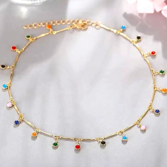 Necklace Choker Colorful Gemstone Boho Adjustable Dangle Stones Trendy Stylish - Picture 2 of 5